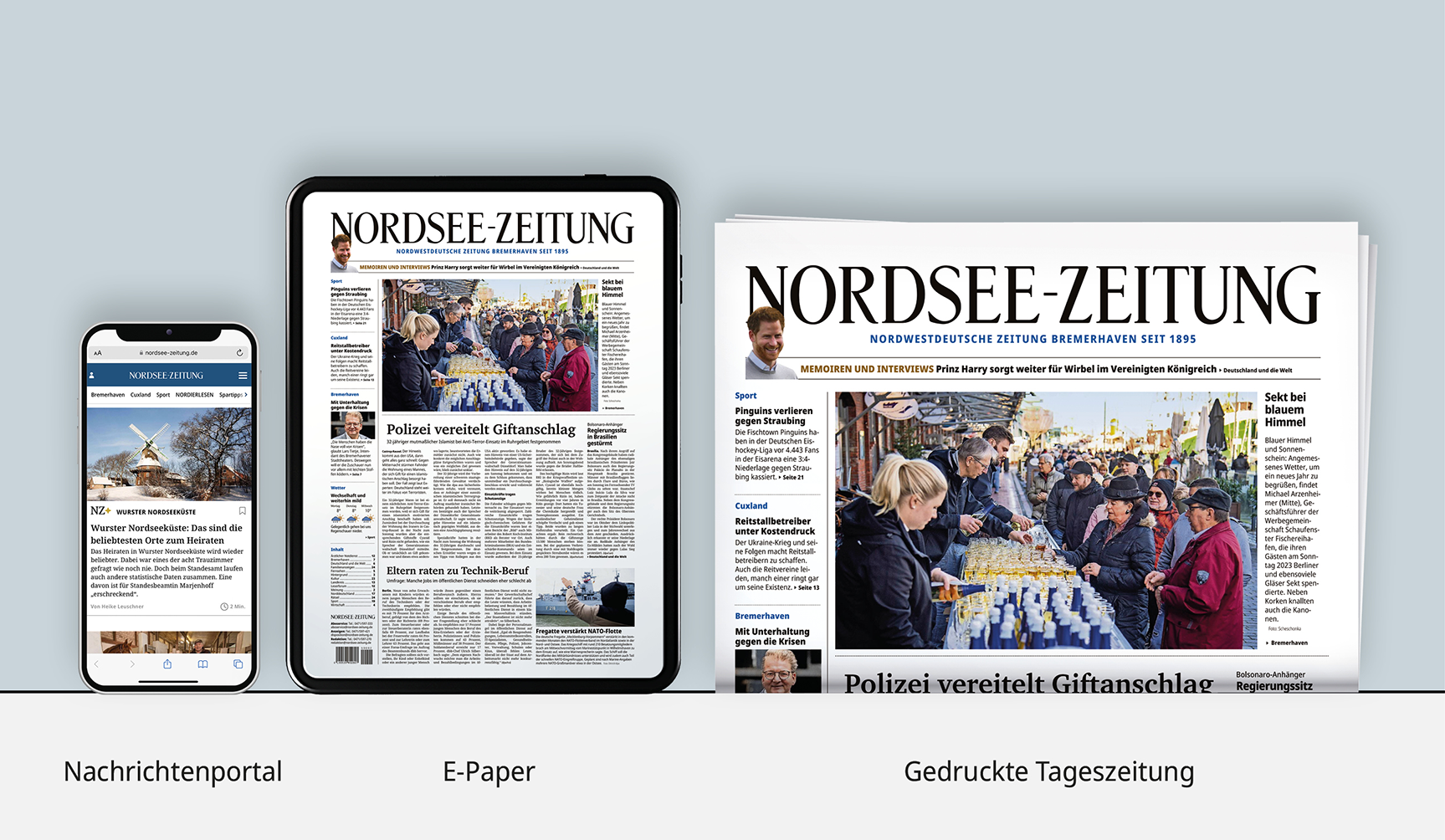 Das Bild zeigt drei verschiedene Formate der 'nordsee-zeitung' links ist ein smartphone mit dem nachrichtenportal der zeitung zu sehen in mitte tablet digitalen ausgabe als e-paper und rechts eine gedruckte tageszeitung unter jedem format steht beschriftung