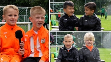 In einer Collage sind Kinder in Trikots mit einem Mikrofon zu sehen.