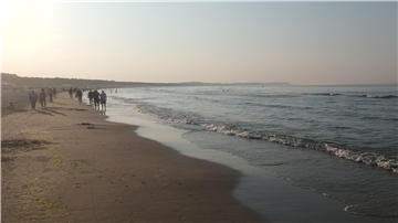 Eine Gruppe von Menschen läuft am Strand entlang. 