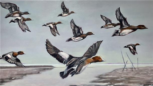 Abflug: Fliegende Pfeifenten sorgen in einer eher tristen Landschaft für Farbe. Julia Pasinski hat das Bild gemalt.