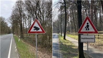 Achtung Krötenwanderung! Mit den neuen Hinweisschildern (rechts) sollen Autofahrer dafür sensibilisiert werden, dass in der Dämmerung Naturschützer am Straßenrand unterwegs sein könnten.