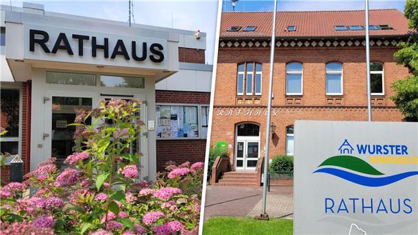 Die beiden Rathäuser der Gemeinde Wurster Nordseeküste: Nordholz (links) und Dorum (Landkreis Cuxhaven.