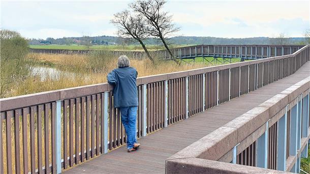 Eine Person steht am Geländer eineer hölzernen Brücke