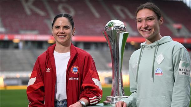 Frauen-Pokalfinale wohl zum dritten Mal ausverkauft Am 1. Mai spielen sie in Köln gegeneinander um diesen Pokal: die Münchnerin Sarah Zadrazil und die Bremerin Sophie Weidauer bei einem Medientermin.