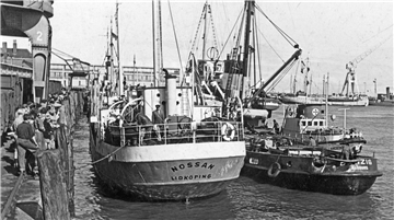 Schwarz-Weiß-Aufnahme: Drei Schiffe liegen hintereinander an einer Pier im Hafen von Cuxhaven.