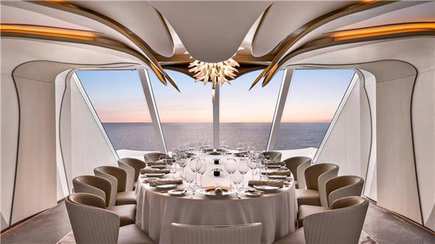 Ambiente statt Action: Der Fokus bei Oceania Cruises liegt auf Kulinarik und Luxus. Das Bild zeigt den Privee-Bereich auf der „Vista“, dem Schwesterschiff der „Allura“ - ein Dinner-Séparée, das Gäste extra buchen können.