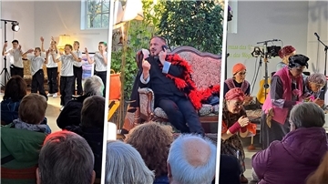 Andrang rund um das „ Fliegende Kultursofa“ der Gemeinde Wurster Nordseeküste: Mit dabei waren unter anderem die Nachwuchstanzgruppe „Die Schnorkels“ (von links), der musialische Poet Andreas Auffenberg und die Theaterladys „Die Feudalen“.