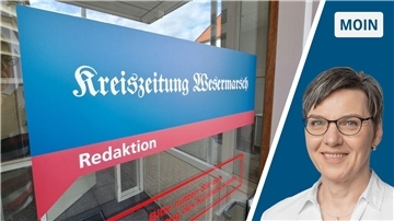 Collage Autorenporträt Andrea Vogt/Redaktionsgebäude der Kreiszeitung Wesermarsch