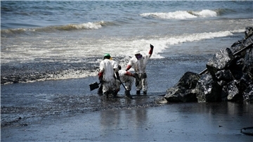 Arbeiter beseitigen einen Ölteppich, der den Strand von Rockly Bay in Scarborough im Südwesten Tobagos erreicht hat.