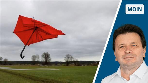 Links: Ein kaputter roter Regenschirm fliegt in der Luft. Rechts: NZ-Reporter Ismail Kul.
