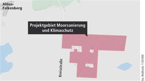 Auf diesen rot schraffierten Flächen östlich der Kreisstraße von Flögeln nach Wanna soll das neue Hochmoor entstehen.