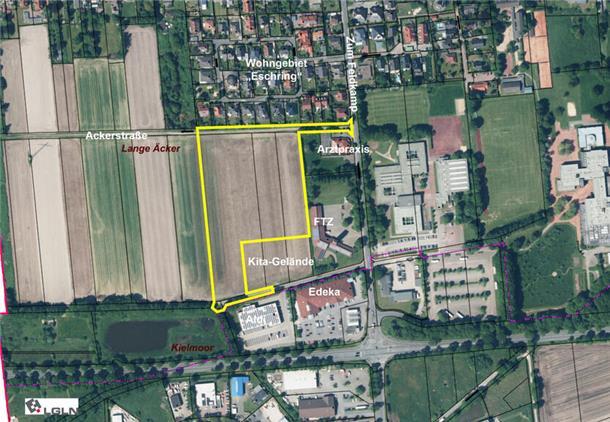 Auf dieser gelb umrandeten Fläche zwischen der Ackerstraße und dem Aldi- und Edeka-Markt soll das neue Wohnviertel „Westlich der FTZ“ entstehen. 