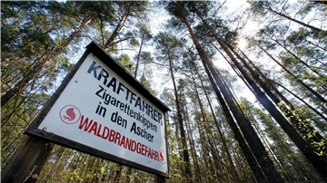 Auf einem Hinweisschild an einer Straße im Forstrevier im brandenburgischen Groß Schönebeck werden am Freitag (27.04.2007) die Kraftfahrer gebeten, die Zigarettenkippen nicht aus dem Fahrzeug zu werfen.