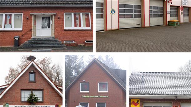 Aus 5 werden vier: Die Gemeinde Wurster Nordseeküste will in den nächsten Jahren vier neue Feuerwehrhäuser für die Wehren von Nordholz (links oben, im Uhrzeigersinn), Dorum, Midlum, Deichsende und Wremen. Nordholz und Deichsende erhalten ein gemeinsames Gebäude.