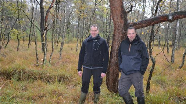 Zwei Männer stehen an einem Baum im Moor. 