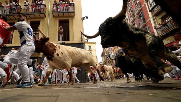 Solidarität mit Palästinensern bei Sanfermín-Fest in Spanien Bei den Stierhatzen gibt es immer wieder Verletzte.