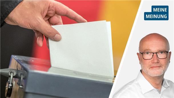 Porträt neben einem Foto mit einer Wahlurne.
