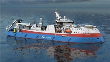 Illustration eines Megamas-Neubaus. ein modernes Glasfaserschiff. Bei der internationalen Fachmesse Nor-Shipping in Norwegen wurde ein Vertrag unterzeichnet, der der Lloyd Werft Bremerhaven den Weg zum möglichen Bau eines modernen Kabelverlegeschiffs ebnet.