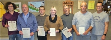 Bei der Versammlung standen zahlreiche Ehrungen an (von links): Mark Junski, Peter Müller, Stephan Ostendorp, Sabine Rudolph, Wolfgang Krupp und Heinz Ostermann.