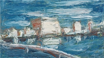 Bei seinen Landschaften beschränkte sich Holmead auf wenige Chiffren: Himmel, Wolken, Wasser, Häuser - fertig ist die „Küstenstadt“ (1970).
