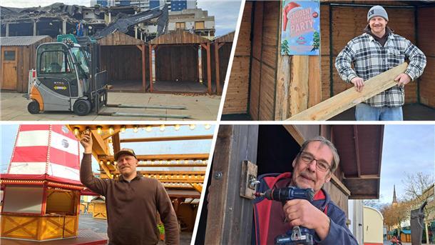 Beim Aufbau des Bremerhavener Weihnachtsmarktes: Schausteller Nico Zschaler (v.o.r.n.u.r.), Frank Brockelmann und Thomas Meyer. 