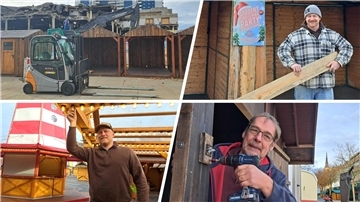 Beim Aufbau des Bremerhavener Weihnachtsmarktes: Schausteller Nico Zschaler (v.o.r.n.u.r.), Frank Brockelmann und Thomas Meyer. 