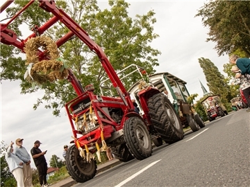 Traktor mit Erntekrone beim Ernteumzug Wremen
