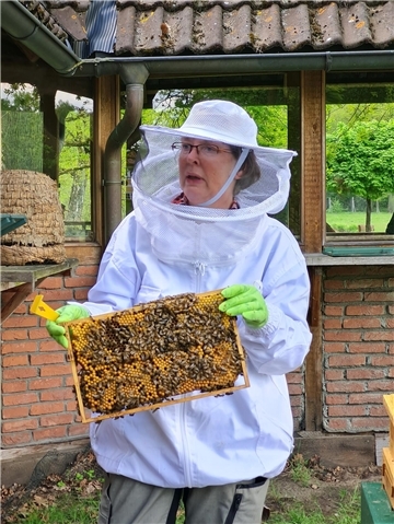 Eine Imkerin. Beim Parkfest im LandPark Lauenbrück erfahren Besucher Spannendes über die Honigbiene. Eine Imkerin gibt Einblicke in ihre Arbeit und lädt zum Probieren ein.