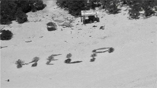 Schiffbrüchige auf kleiner Pazifikinsel entdeckt „Bemerkenswertes Zeugnis ihres Willens, gefunden zu werden“: „Help“ mit Palmwedeln auf Sand geschrieben.
