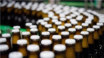 Bierflaschen laufen durch die Produktion der Veltins-Brauerei in Meschede-Grevenstein über die Förderbänder einer Befüllungsanlage.