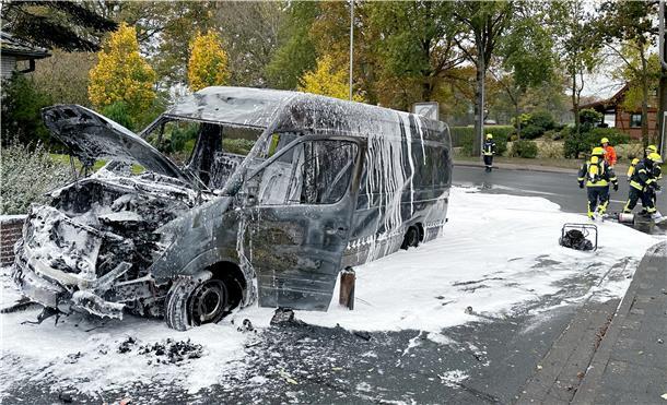 Fahrzeugbrand in Lunestedt: Diesen Transporter konnte die Feuerwehr nicht mehr retten. 