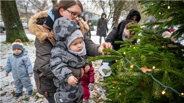 Kinder schmücken in Leherheide den Weihnachtsbaum