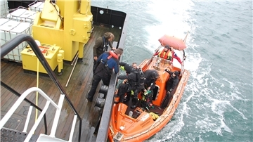 Menschen werden von einem Schlauchboot auf ein Schiff gezogen.