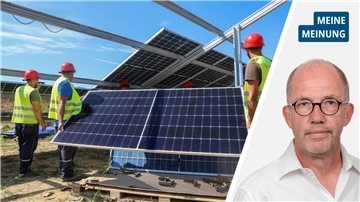 Arbeiter errichten einen Solarpark.