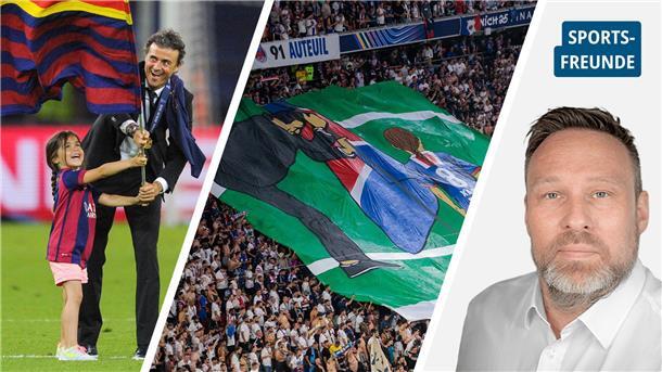 Bildkombo: Luis Enrique und Tochter Xana 2015 nach dem Champions-League-Sieg mit dem FC Barcelona (links). Zehn Jahre später erinnert ein Banner der PSG-Ultras in München an diesen Moment – eine stille Geste, die mitten im Jubel Raum für Erinnerung schafft.