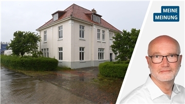 Geteiltes Bild mit Porträt und Gebäude.