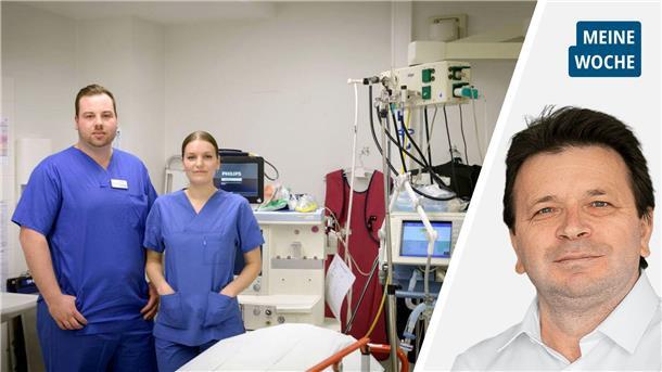 Links: Zwei Pflegekräfte im Krankenhaus. Recht: Ismail Kul.