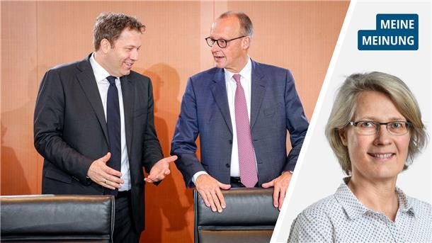 Das geteilte Bild zeigt zwei Männer im Gespräch und das Porträt einer Frau 