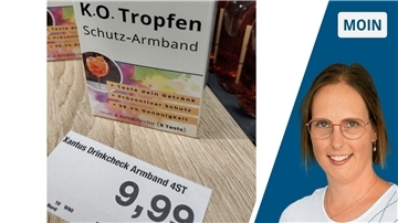 Die Collage zeigt neben dem Porträt der Autorin eine bunte Pappschachtel mit der Aufschrift „K.O. Tropfen Schutz-Armband“.