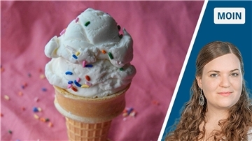 Zweigeteiltes Bild: Man sieht links ein Eis mit Streuseln und rechts das Foto der Reporterin Luise Langen.