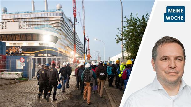 Arbeiter strömen in Bremerhaven zum Kreuzfahrtschiff "Disney Adventure" und Dirk Bliedtner