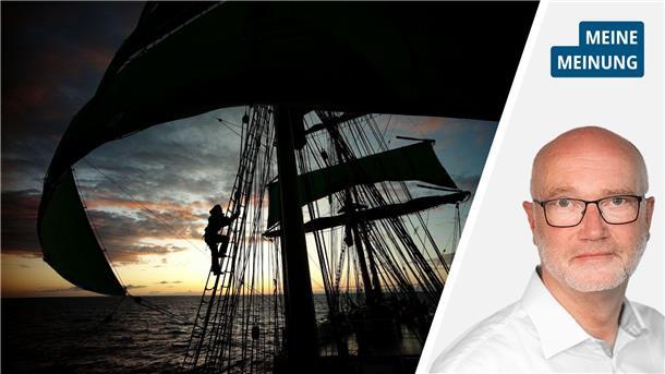 Geteiltes Bild mit Segelschiff und Reporter.