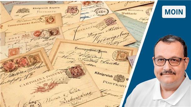 156 Jahre Postkarte: Kleine Geschenke erhalten die Freundschaft Alte Postkarten liegen ausgebreitet auf einem Tisch.