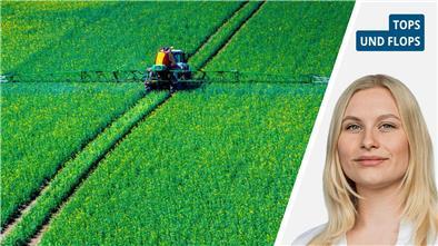 Zweigeteiltes Bild; links ein Trecker auf einem Feld, rechts junge Frau mit blonden Haaren.