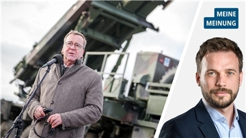 Bildkombo mit Bundesverteidigungsminister Boris Pistorius vor einem Raketenwerfer und Kommentator Jan Drebes