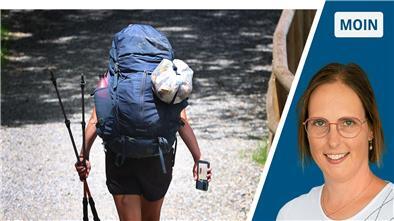 Die Collage zeigt ein Porträt der Autorin neben einem Bild einer wandernden Frau von hinten, die einen großen Rucksack trägt.