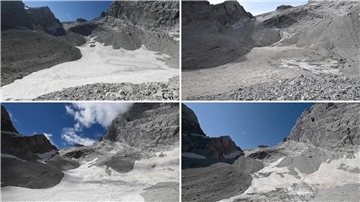 Bilder der vergangenen vier Jahre: Der Vergleich zeigt, wie sich der Gletscher Watzmann verändert (von oben links nach unten rechts).