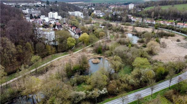 Blick auf Bad Gandersheim mit dem Auepark im Vordergrund.