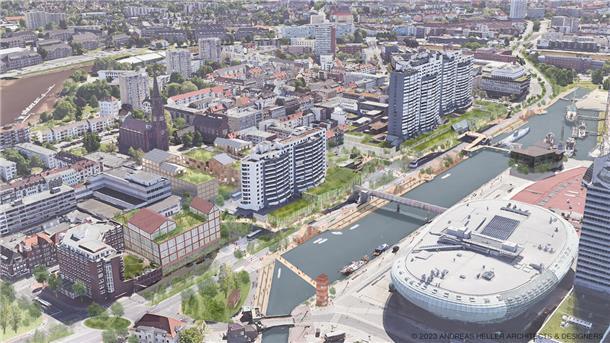 Blick aus der Vogelperspektive: Zwischen den Türmen des Columbus-Centers wird ein Durchlass sichtbar, auch eine neue Pontonbrücke ist angedacht. Solche Visionen für die Innenstadt von Bremerhaven waren Thema bei einer Debatte bei der IHK.