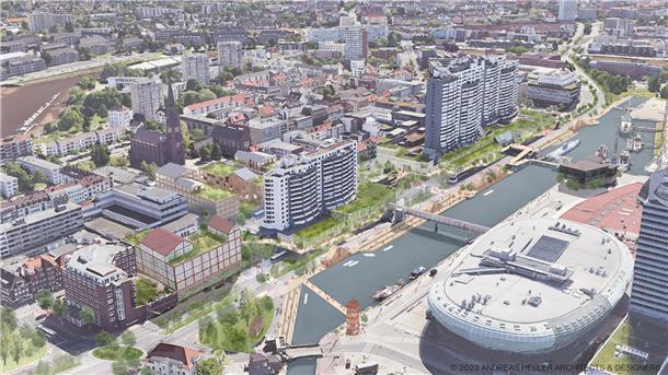 Blick aus der Vogelperspektive: Zwischen den Türmen des Columbus-Centers wird ein Durchlass sichtbar, auch eine neue Pontonbrücke ist angedacht. Solche Visionen für die Innenstadt von Bremerhaven waren Thema bei einer Debatte bei der IHK.